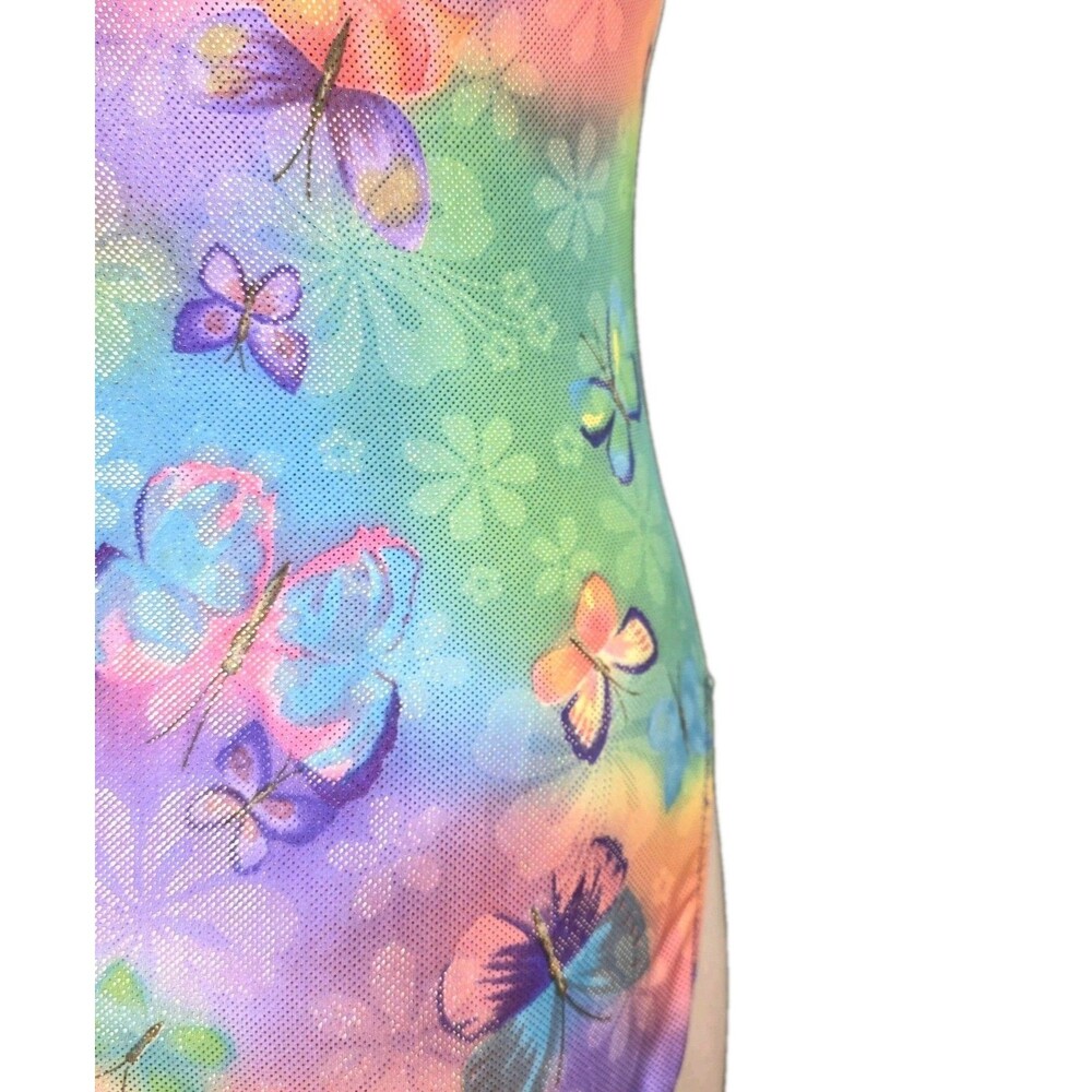 Satara VTG Neon Tie Dye Butterfly Sparkle Accent Tank Crossback Leotard Size AL - Picture 7 of 16